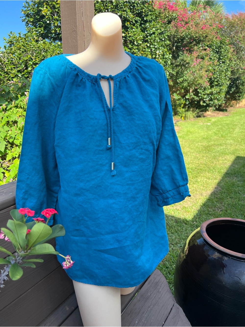 Hot Cotton Teal Blue Peasant Tunic with Tie Neck